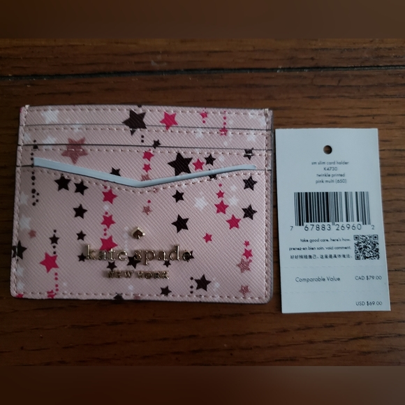 NWT Kate Spade Twinkle Printed Pink Multi Small Slim Card Holder Case - Picture 3 of 7